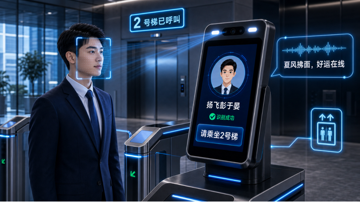 门禁识别后联动语音欢迎、电梯提示和通行屏幕